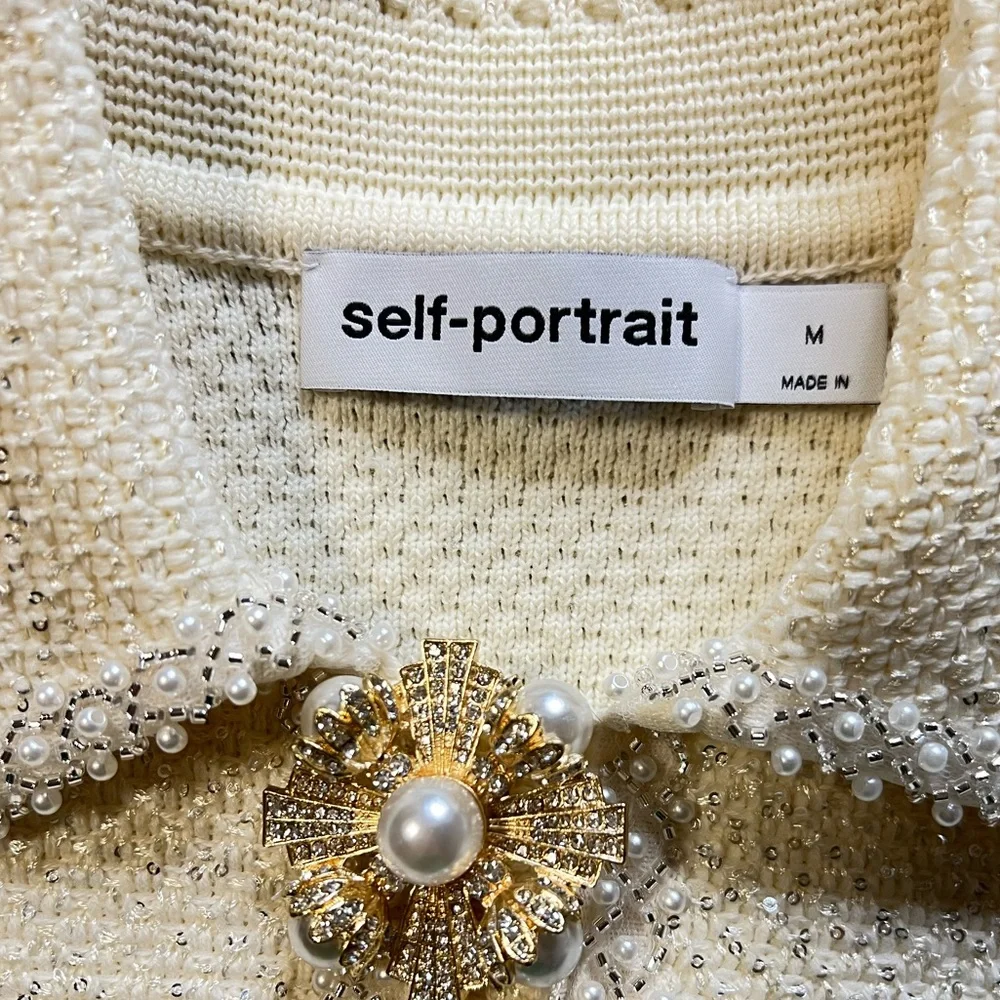 Self Portrait 2023 collection Cream Sequin Knit Pearl Mini Dress Size M - Picture 8 of 11